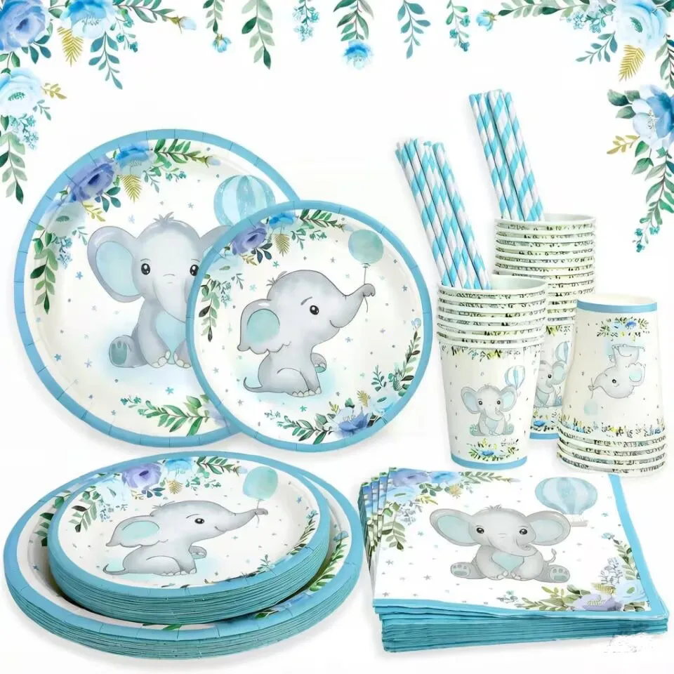 Neues Einweggeschirr von Blue Elephant, Pappbecher, Teller, Servietten, Tischdecken, Baby-Taufe, Partyzubehör für Kindergeburtstage