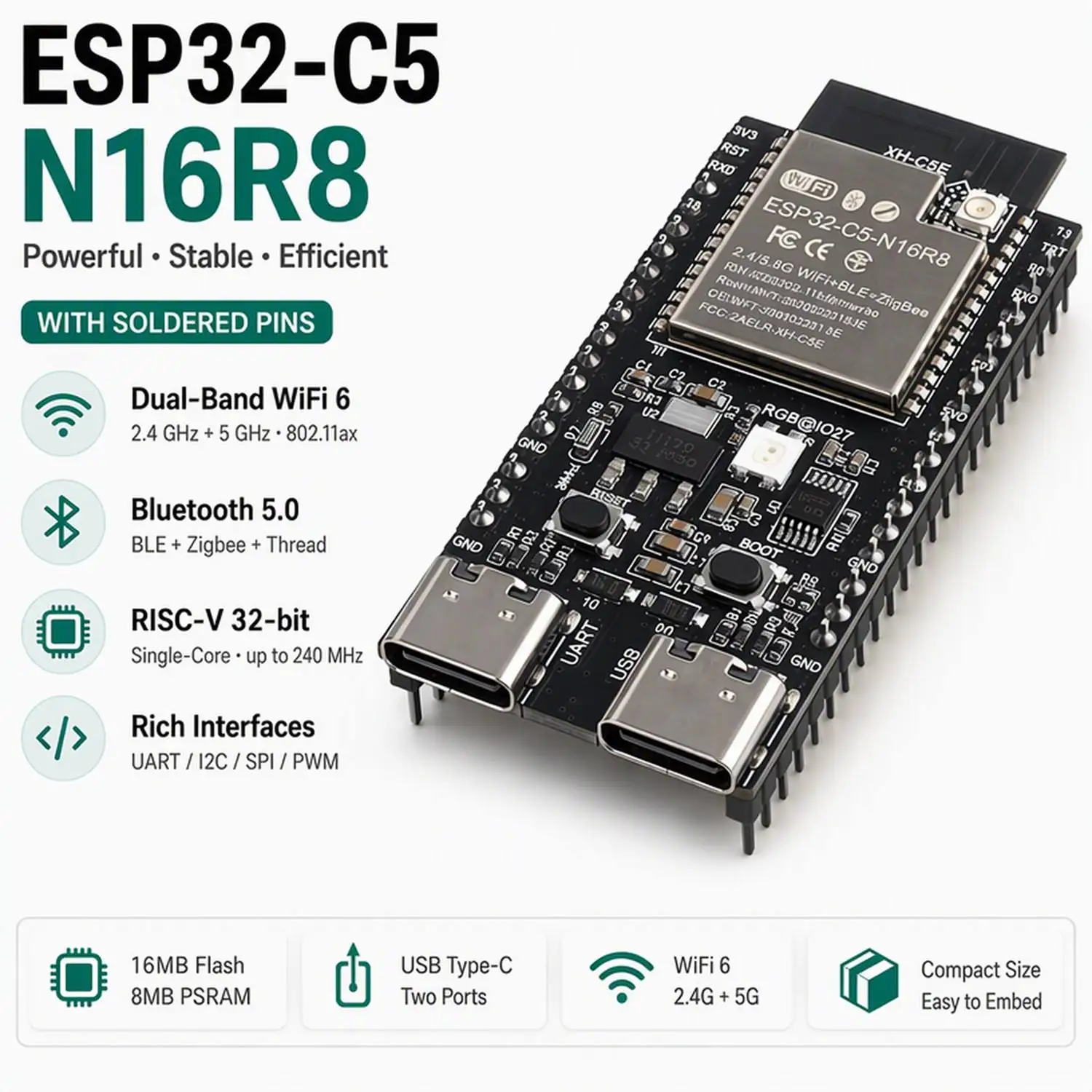 Image of ESP32-C5 Dual-Band-WiFi-6-Entwicklungsboard RISC-V 240MHz N4 N8R8 N16R8 ESP32-C5-WROOM-1 Zigbee Thread BLE 5 für Arduino UNO