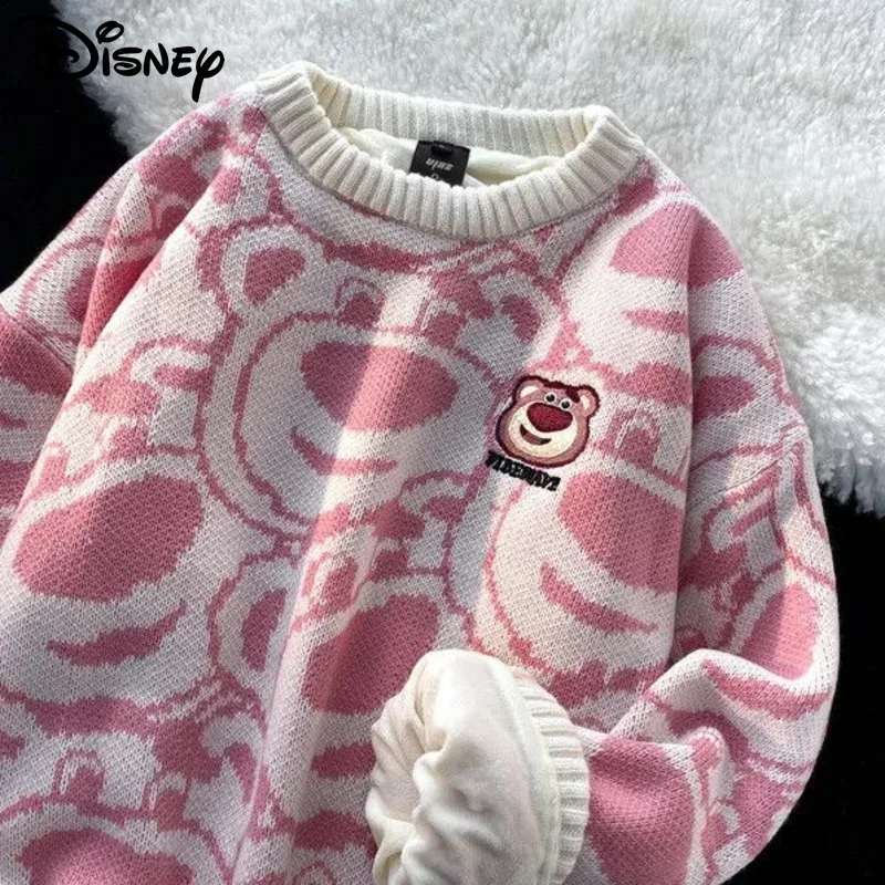 Disney Lotso Fashion Oversize Knitted Pink Sweater For Women Y2k Pulloves Autumn Winter Japan Style Loose Couple Warm Clothes