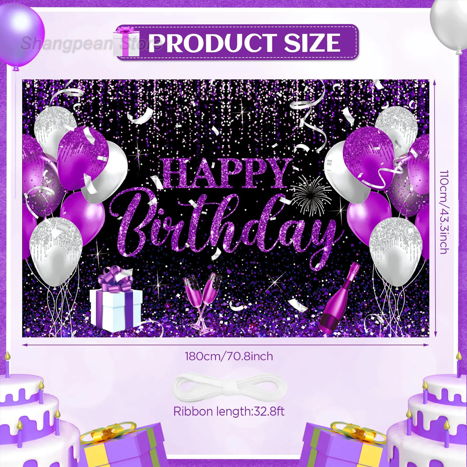 Birthday Decoration Banner Large Happy Birthday Banner for Women Men Purple Black Birthday Theme Party Backdrop for Birthday