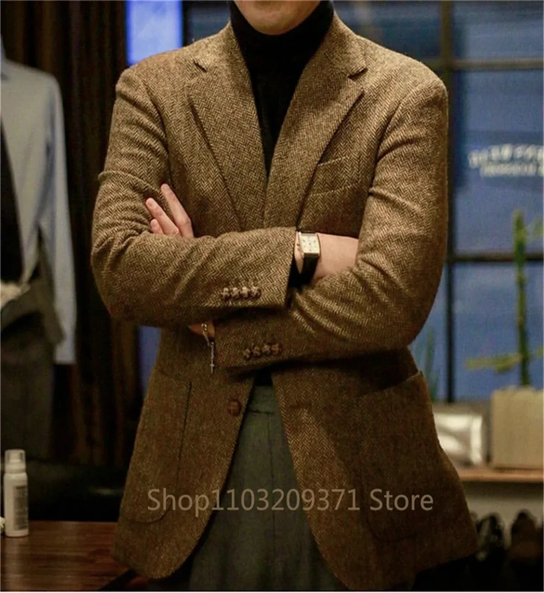 1 Pieces Men\'s Suit Jacket Herringbone Tweed Wool Jacket Winter Warm Short Jacket Retro Slim Fit Men Blazer Coat (Only Coat)