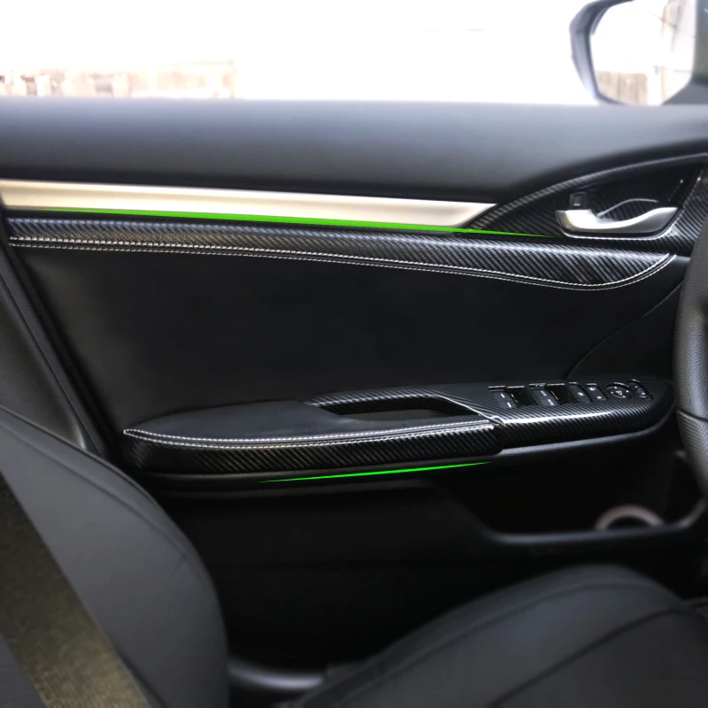 For Honda Civic 10th Gen 2016 2017 Car Inner Door Handle Armrest Panel Cover Leather Trim Black with Carbon Fiber Texture Splice