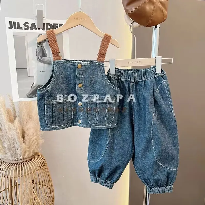 Kids Boys Autumn Set 2024 New Children\'s Strap Pants Denim Vest Shirt 3-piece Set Baby Casual Clothing Set