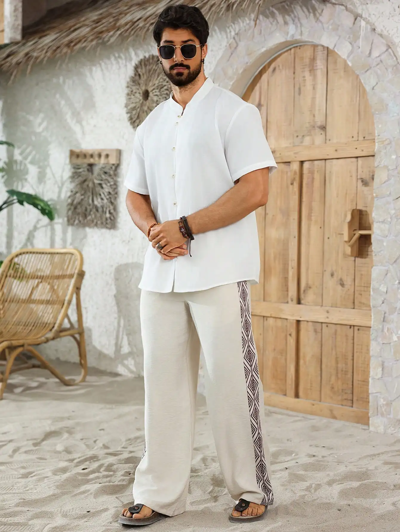 Men's Oversized Bohemian Beach Pants Brand Geometric Side Stripe Polyester White Wide Leg Drawstring Trousers XS-XL All Size 1Pc