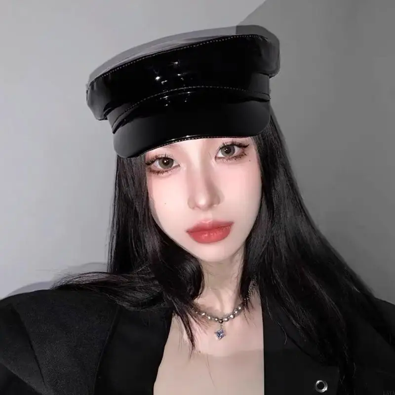 L5YA قبعة كابي بيريه سوداء لامعة، قبعة رسام، قبعة فنان، ملابس كاجوال، قبعة مسطحة #5