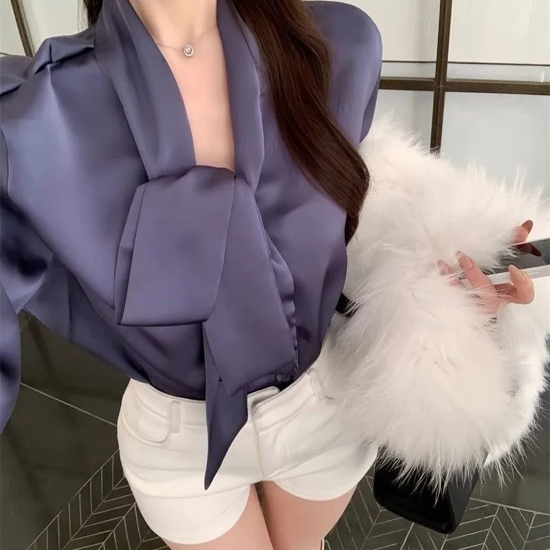 

French Gentle Style Chiffon Long-sleeved Shirt for Women Spring and Autumn White Bow Top