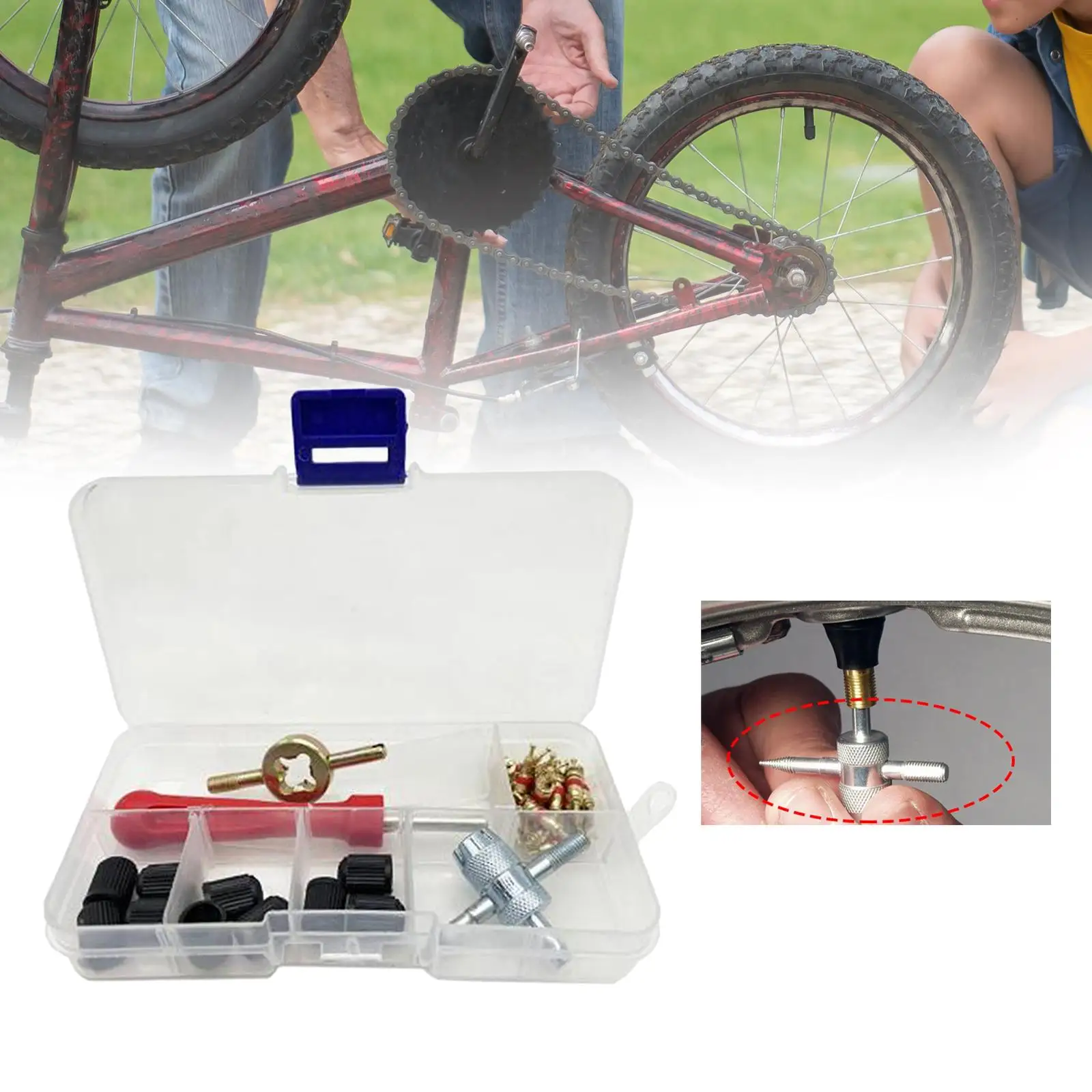 33Pcs Tyre Valve Stem Removal Tools 4 Ways Valve Tool with Storage Box Valve Core Remover for Bike Motorbike Lightweight