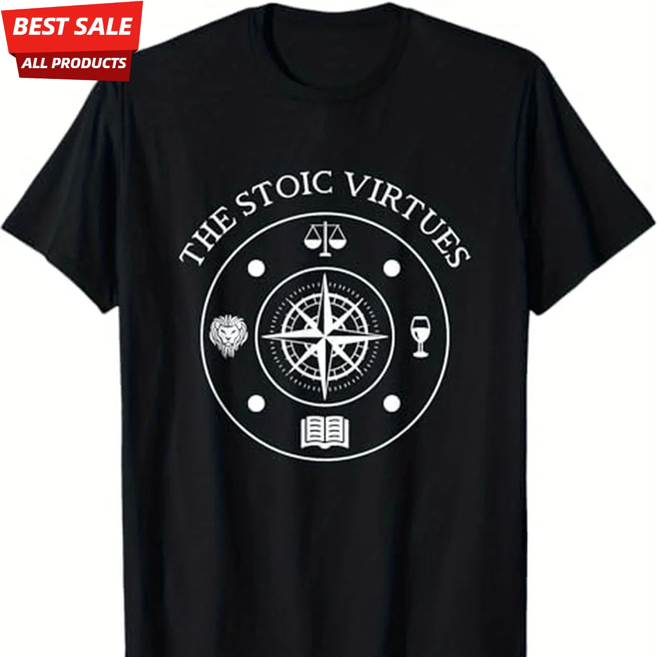 Virtés stoïciennes - Philosophie de Marcus Aurelius et de Sénèca - Design de la boussole stoïcienne de la Rome antique - T-shirt imprimé pour homme 100% coton à col rond.