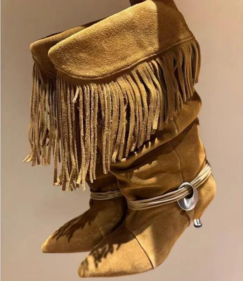 

Kitten Heel Cow Suede Fringe Ankle Boot Pointy Toe Slip On Tassels Thin Rope Metal Decor Low Heels Women Modern Bootis Brown
