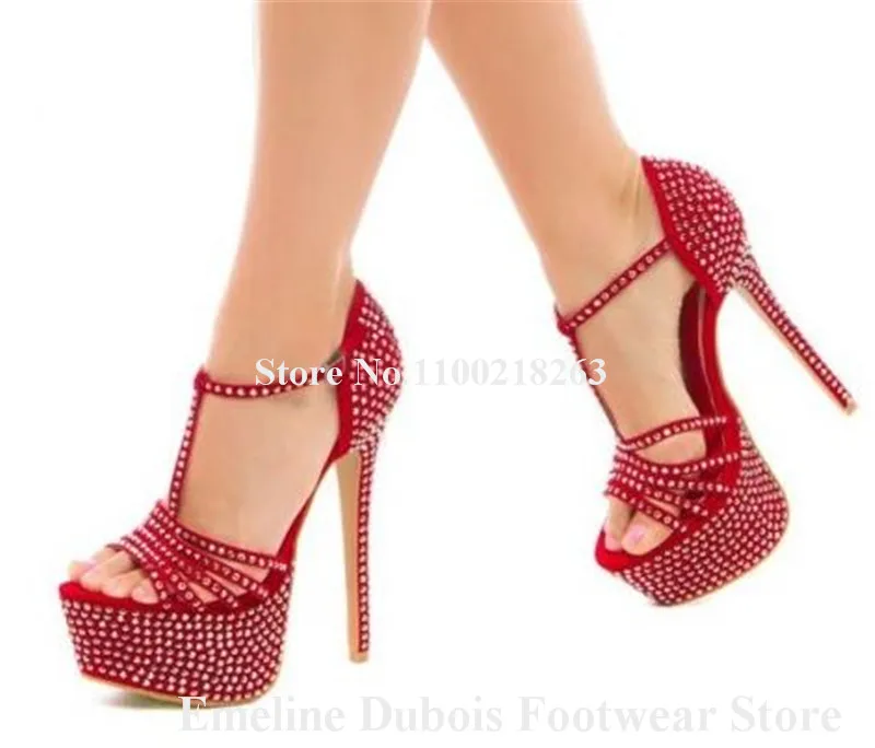 Bling Bling Rhinestones High Platform Sandals Emeline Dubois Open Toe Red Crystals Stiletto Heel Dress Shoes Wedding High Heels