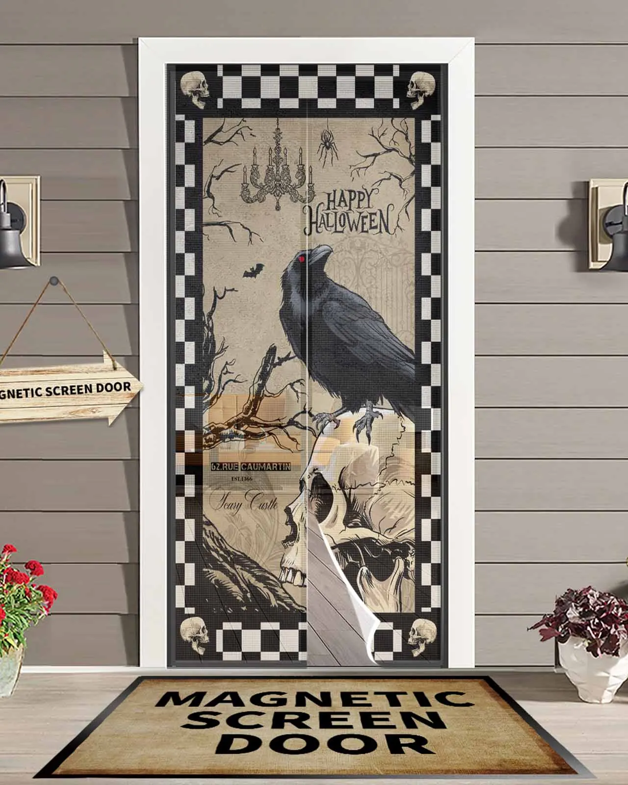

Halloween Skull Head Crow Plaid Magnetic Door Curtain Living Room Bedroom Home Anti-mosquito Screen Door Curtain