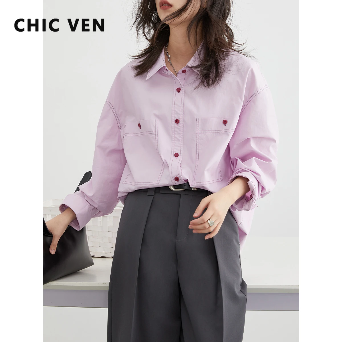 

CHIC VEN Women Shirt Solid Long Sleeve New Contrast Line Blouses Double Pocket Top Long Sleeve Layup Shirt Spring Autumn 2023