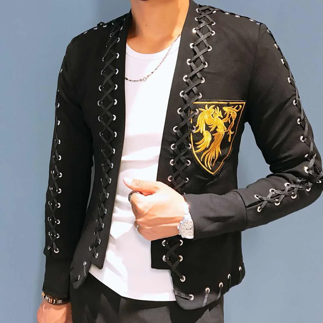 Night Show Men Korean Fashion Stylist Blazer Slim Fit Badge Embroidered Trendy Jacket Collarless High Quality Lace Suit Male