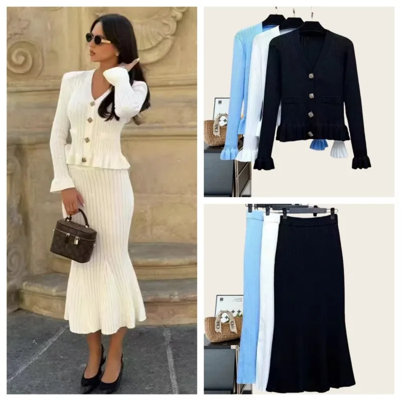 Women 2 Piece Knitted Matching Set V‑Neck Button Down Ruffle Flared Long Sleeve Cardigan High Waist Mermaid Midi Skirt Solid