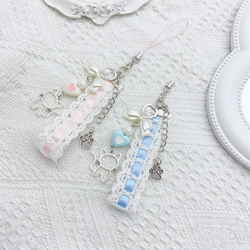 Sweet Cute Lace Ribbon Keychain Bow Love Bead Cat Pendant Key Ring Phone Chain Bag Hanging Decoration For Girls Jewelry Gift