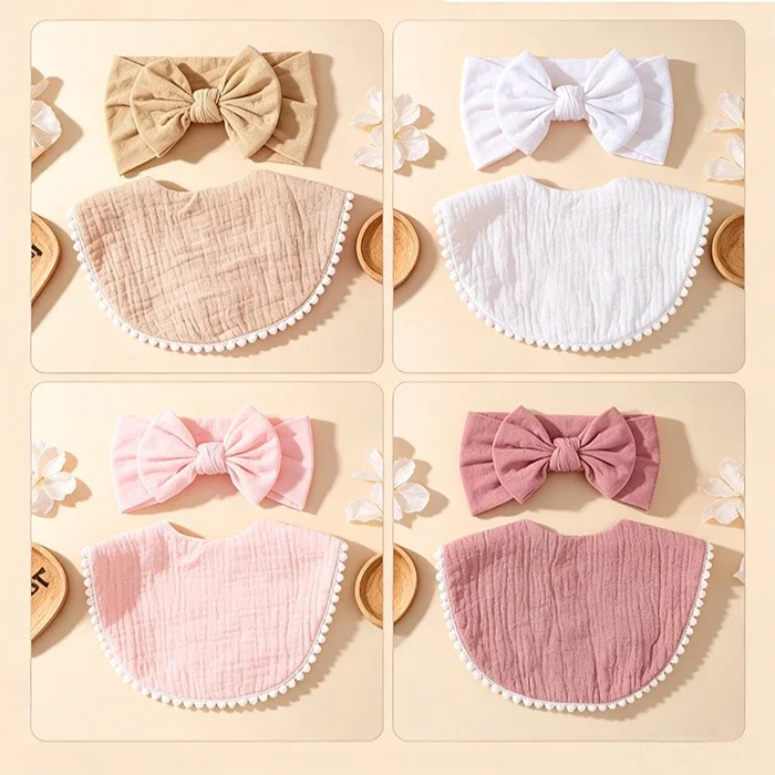 8Pcs Sweet Solid Color Baby Headwrap Combo Knotted Bow Turban Pom Edge Crinkle Cotton Headbands for Girls Daily Headwear Set