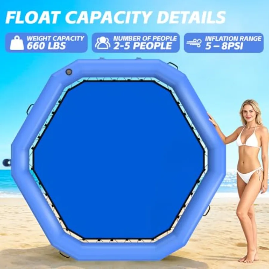 8FT hexagon inflatable water hammock for pool river ocean use, heavy-duty PVC material, blue color, mesh center + cup holders +