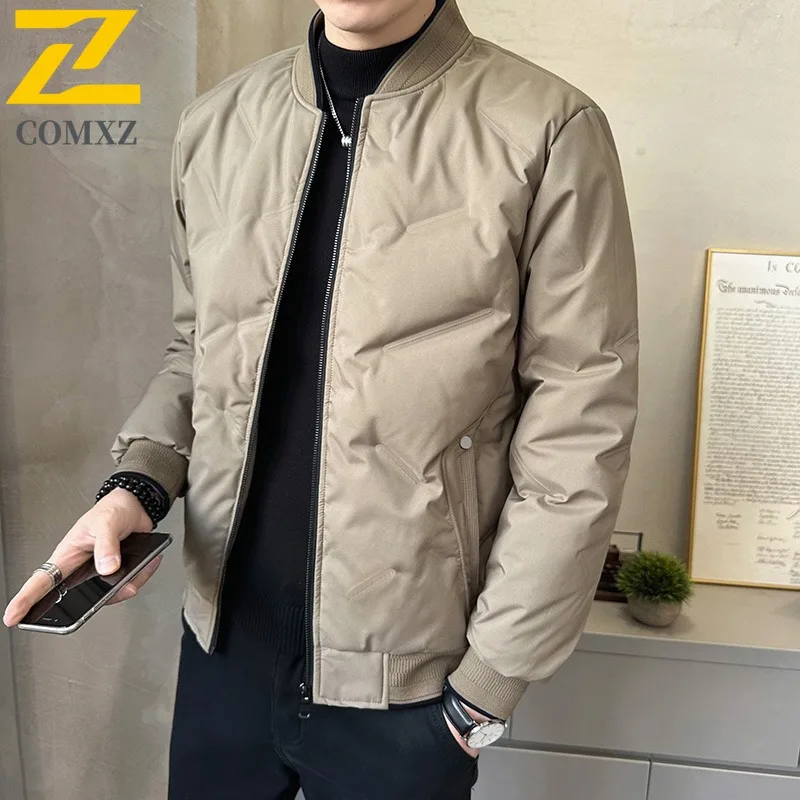 

COMXZ Серая утиная пуховая куртка с воротником-стойкой, мужская модная куртка с лацканами, термобейсбольный воротник, повседневная пуховая куртка среднего возраста, пальто премиум-класса