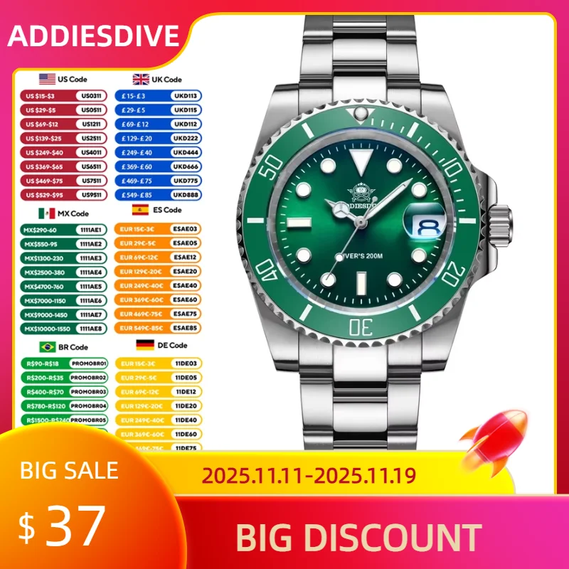 ADDIESDIVE Stainless Steel Dive Mens Watches European and American Business H3 Quartz Watch Waterproof Outdoor Sports Wristwatch