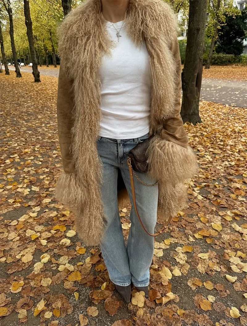 Abrigo elegante de lana de retales de piel sintética para mujer, abrigos largos lisos de manga larga con solapa para mujer, prendas de vestir femeninas a la moda para Otoño e Invierno