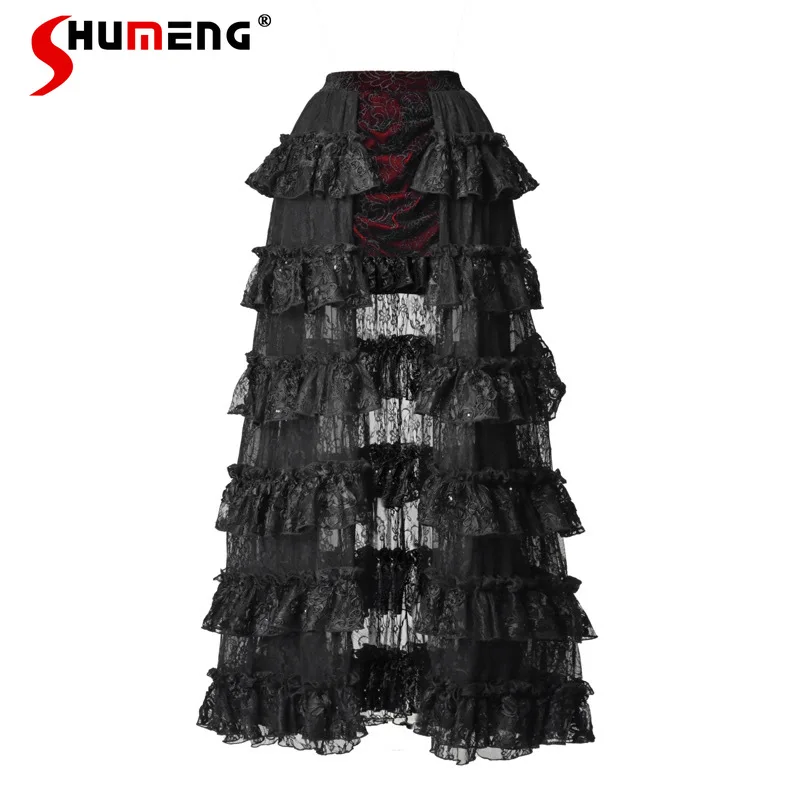 

Halloween Multi-layered Train Skirt Autumn Winter Japanese Rojita Style Mini Series Unique Elegant Gothic Dark Style Long Skirts