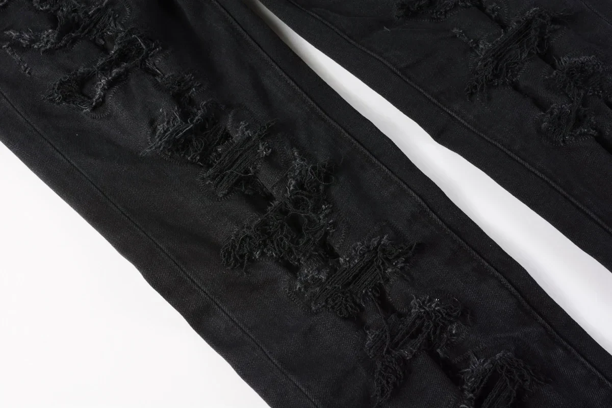 

2025 New American Men's Jeans Black Distressed Streetwear High Stretch Skinny Fly Ripped Holes Jeans Pants
