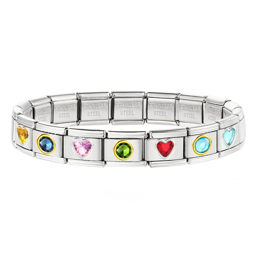 Italienisches Armband aus Edelstahl mit runden Herzen, bunter Zirkonia für Damen, elastischer Charme, 9 mm Link, DIY-Herstellung von Schmuck, Party-Geschenken – Detail 3