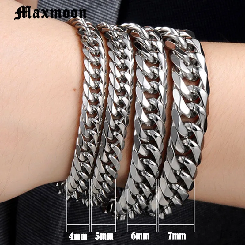 Maxmoon Miami Cuban Stainless Steel Chain Bracelets Men 7mm Flat Curb Bracelet Hip Hop Rock Sports Jewelry Customize Wholesale