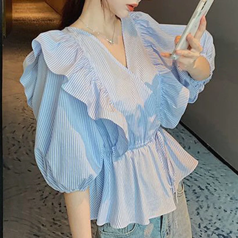 Elegant Ruffles Bandage Bow Shirring Striped Puff Sleeve Blouse Female Clothing 2023 Summer New Casual Pullovers Sweet Shirt