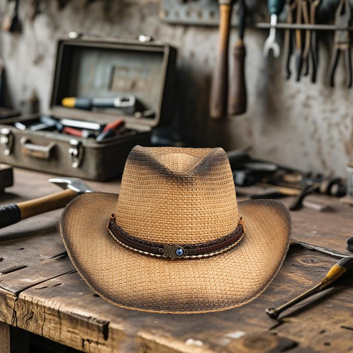 

Vintage Style Cowboy Hat for Women and Men - Wide Brim Western Straw Hat with Leather Belt and Eye-catching Design