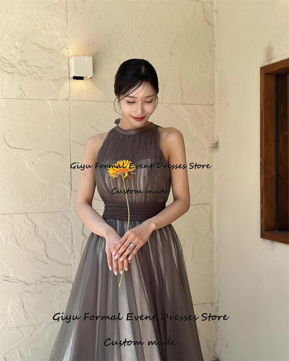 Giyu Simple Draped Korea Wedding Dress Photo Shoot A-line Bow O-Neck Floor-Length Evening Gown Dress Birthday Party Dress