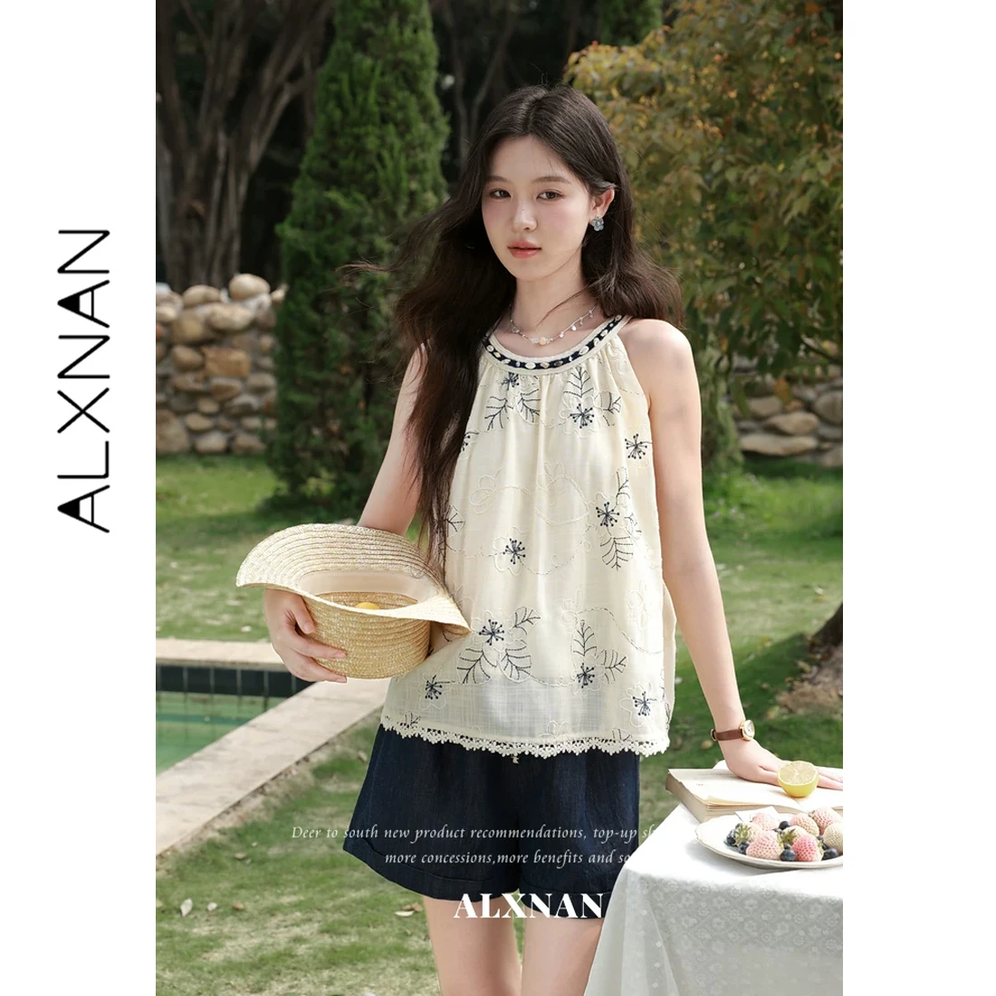 

ALXNAN Elegant Embroidered Camisole Navy Color Contrast Webbing Shell Decor Sleeveless Tops Summer Holiday Beach Tanks L63627