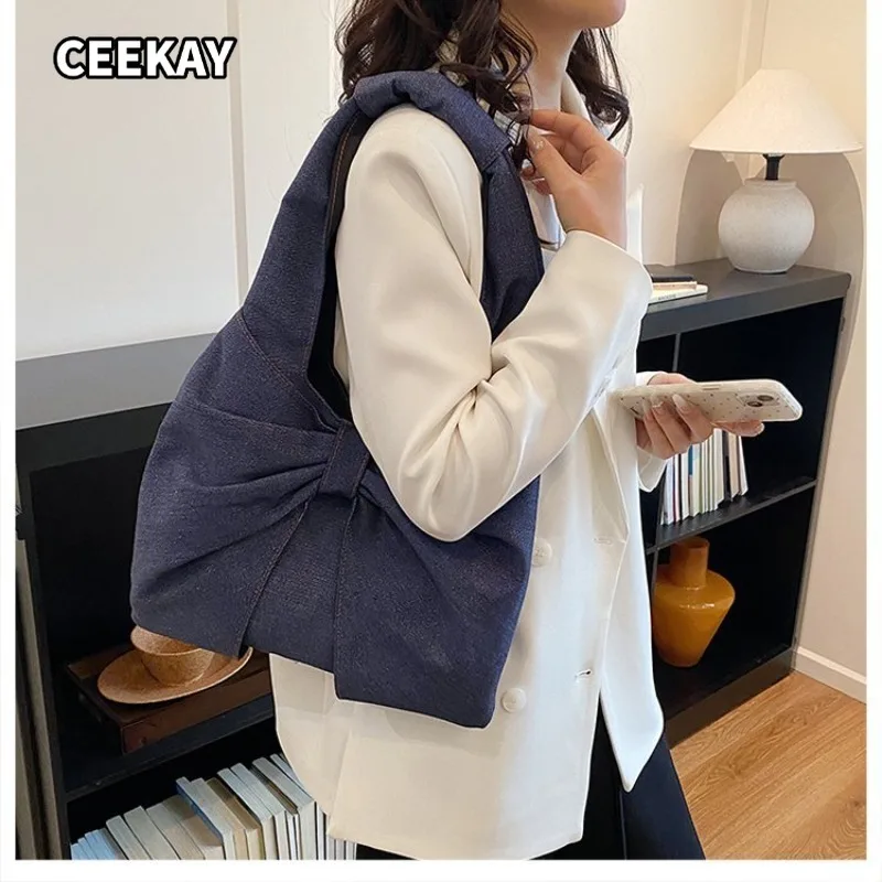 CEEKAY Washed Denim Hobo Underarm Tote Bag Large Three-dimensional Bow Decor Integrated Denim Long Shoulder Strap Magnetic Snap - view 3