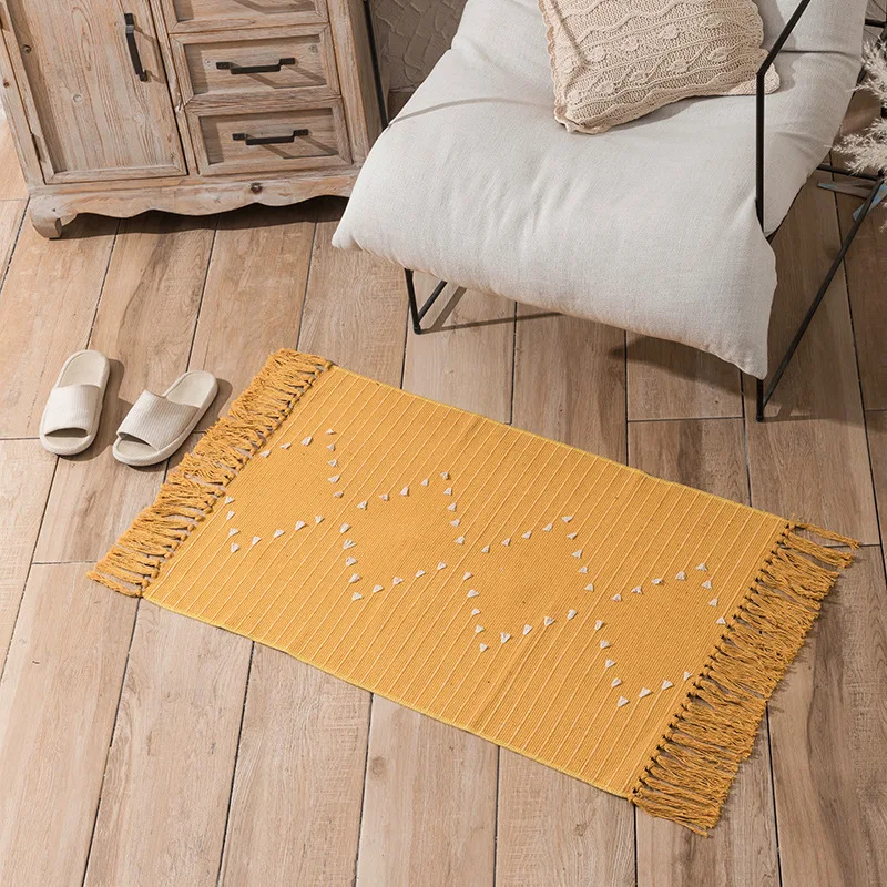 Nordic katoenen linnen bloem gesneden tapijt, grote print kwastje mat, slaapkamer nachtkastje bedmat, woonkamer, wit en zwart