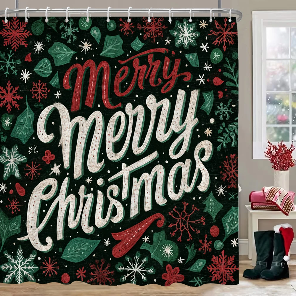 

Christmas Shower Curtain,Merry Christmas Shower Curtain Set Holiday Shower Curtains Bathroom Curtain Decor Set with 12 Hooks