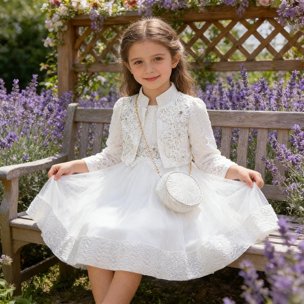 

Spring Autumn Long Sleeve Girls Party Dresses Elegant Lace White Costume For Girl Baptismal Formal Gown With Bag Birthday Gifts