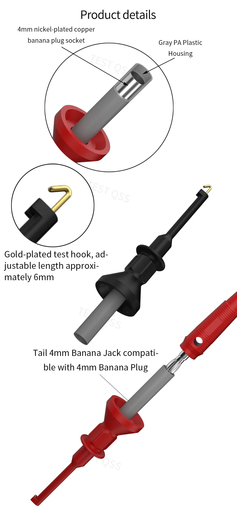 QSS 2 Stück 2 mm/4 mm Testhakenclip Rot Schwarz Elektrische Prüfung für die Kfz-Reparatur – Detail 4