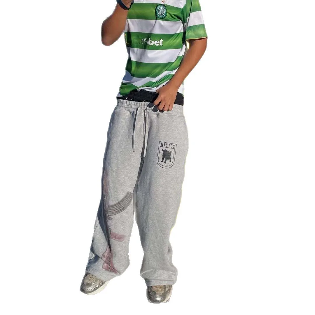 2000s Harajuku القوطية الجرونج روك خمر موضة وهمية اثنين مزدوجة الخصر المطرزة الشارع الشرير مطبوعة فضفاض الرجال السراويل الطويلة #5