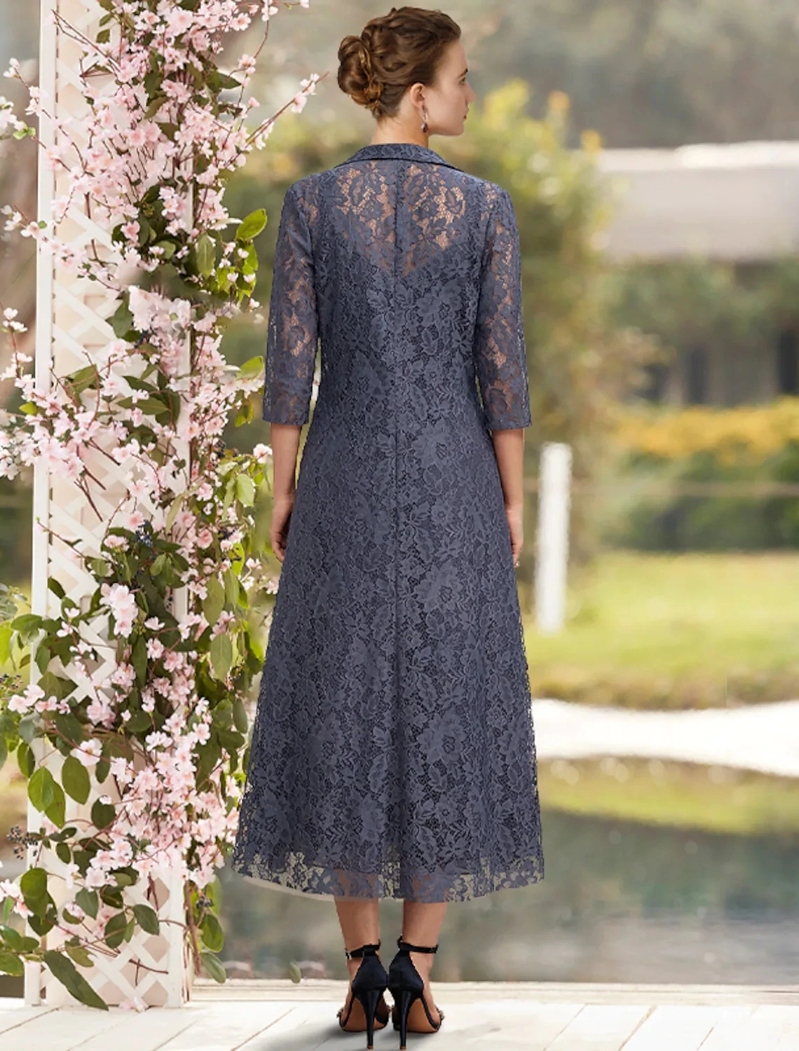 Elegant Dark Navy ชุดเจ้าสาวอัญมณีคอสั้นลูกไม้ Tulle 3/4แขนงานแต่งงานสุภาพสตรี Robe de Soiree