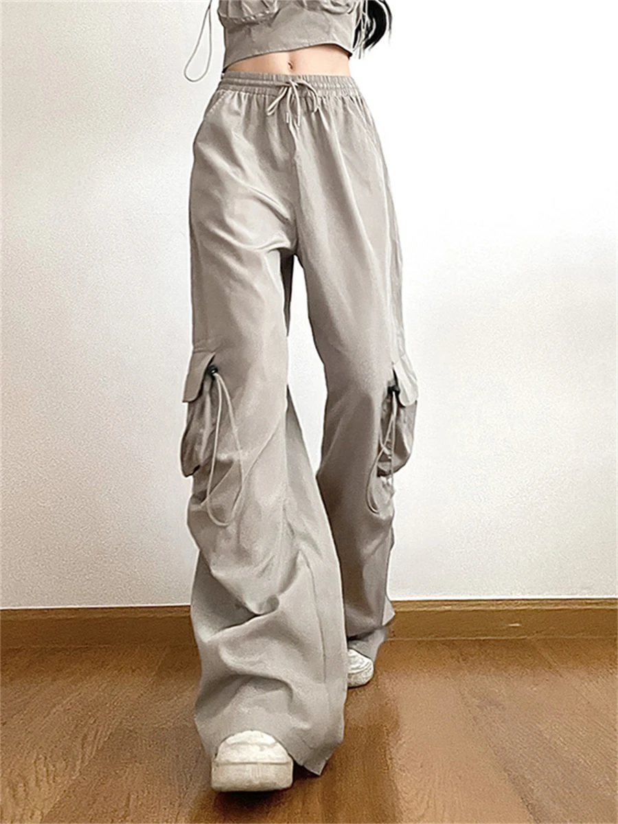 wsevypo Women's Loose Cargo Pants Solid Color High Waist Drawstring Wide Leg Trousers with Side Pockets Streetwear Bottoms