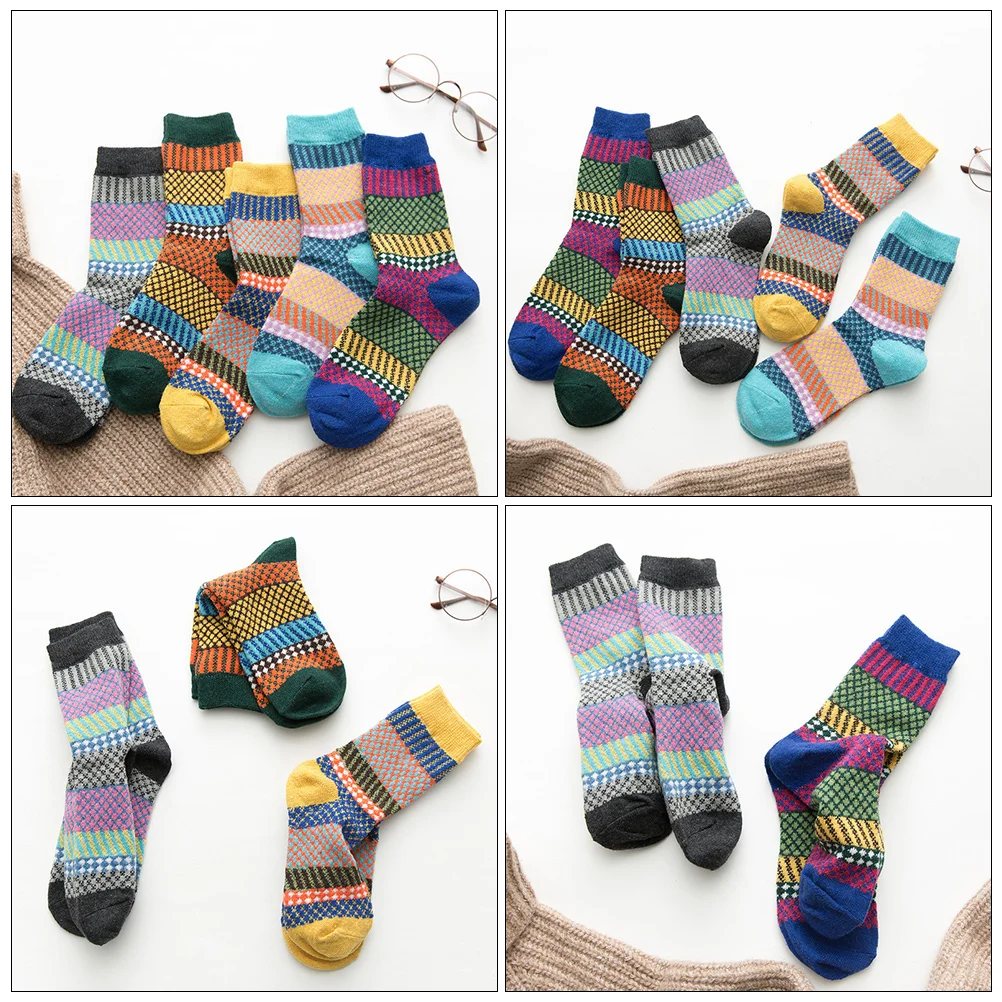 

5 Pairs Warm Wool Socks Women Thermal Crew Vintage Style Soft Breathable Durable Cold Weather Socks Winter Tube Filling