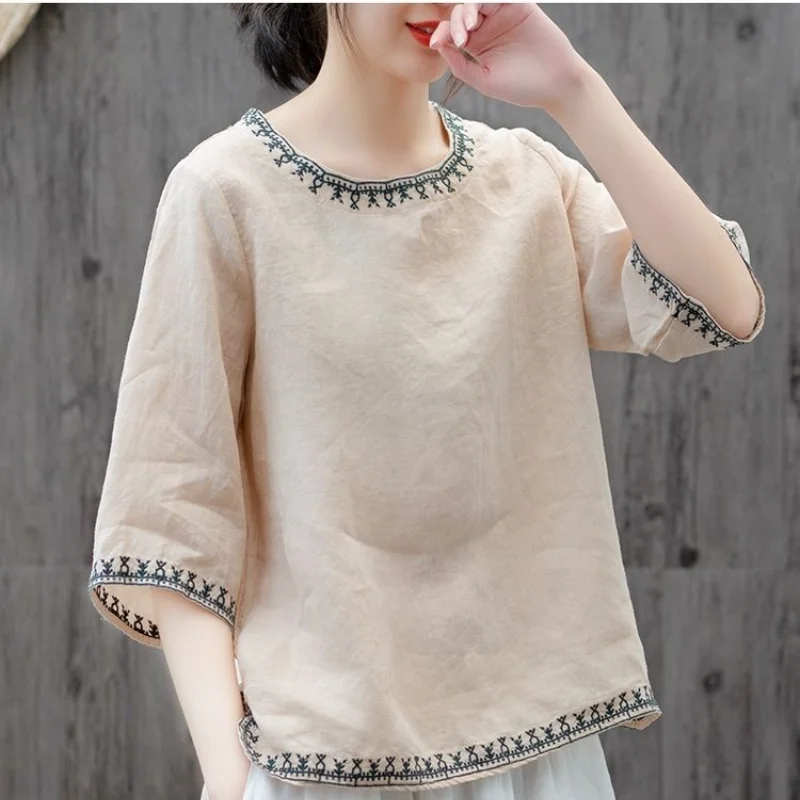 2024 Summer Retro Ethnic Style Fashion Casual Loose Half Sleeve Round Neck Printed Embroidered Spliced Women\'s T-shirt Top