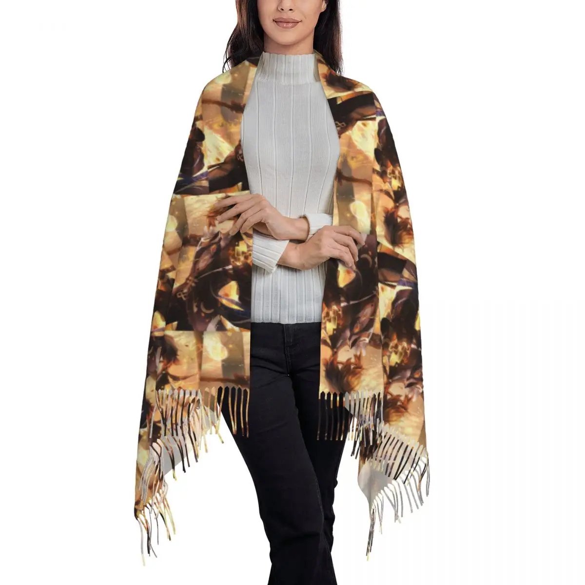 Xiao Genshin Impact Manga Scarf Tassel Scarves Women Soft Warm Shawls and Wraps Long Fall Winter Shawl Wrap