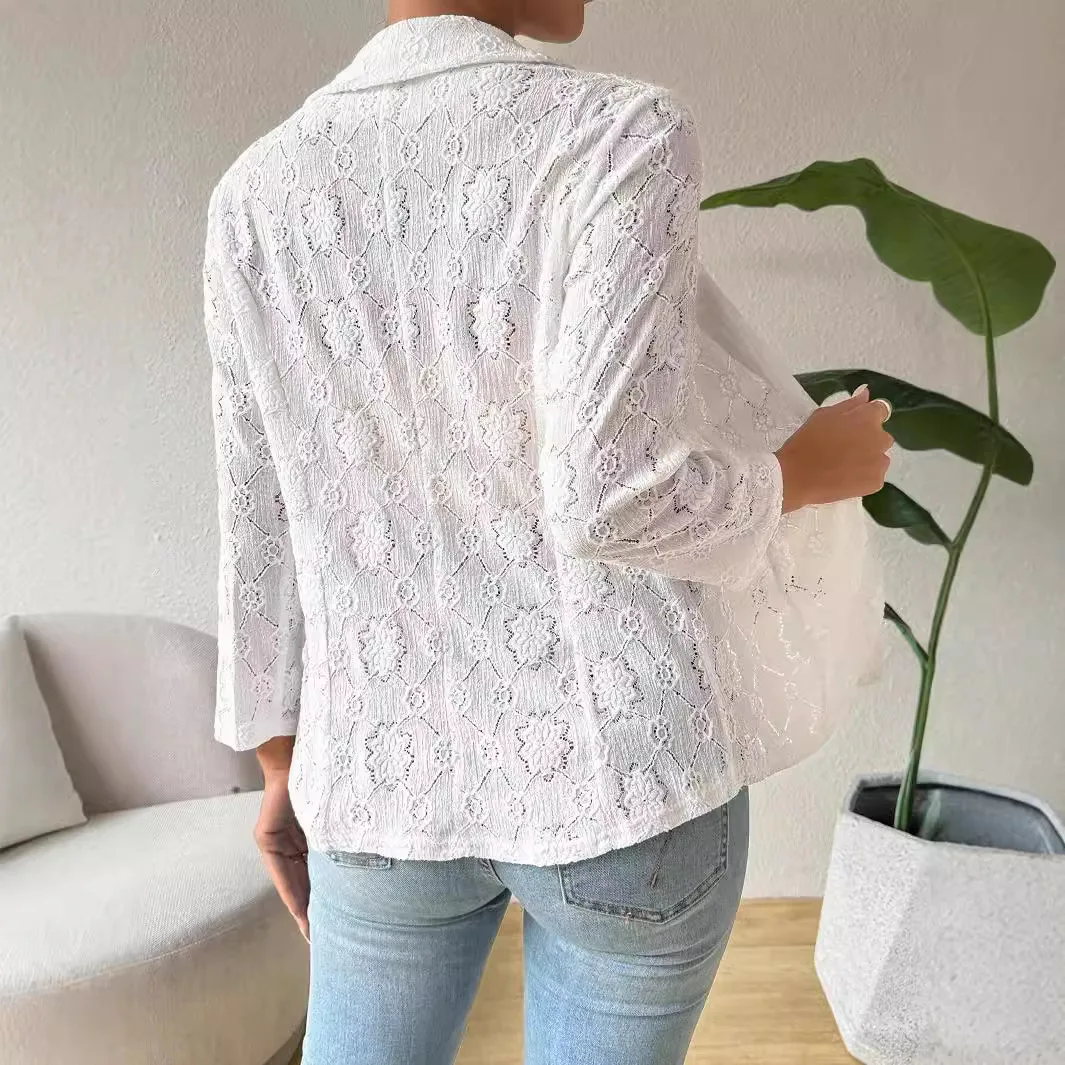 Women's New Fashion Elegant Splicing Solid Color Lace Hollow Out 9 Split Sleeve Lapel Minimalist Office Lady Casual Blazers