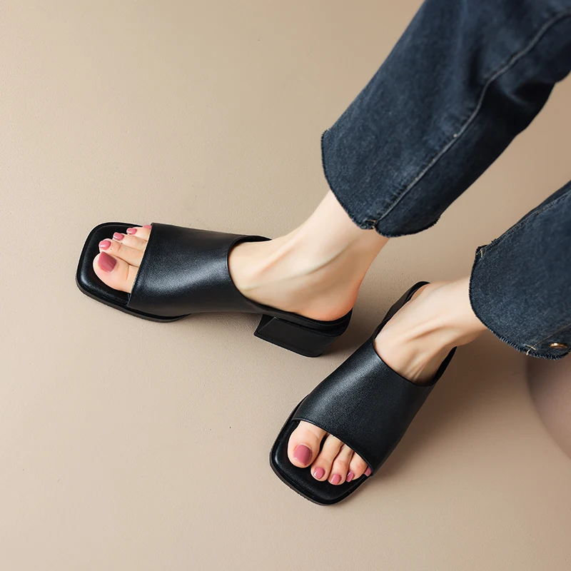 2023 Summer Women Slippers Open Toe Thick Heel Women Sandals Genuine Leather Shoes for Women Roman Women Sandals Slippers Women