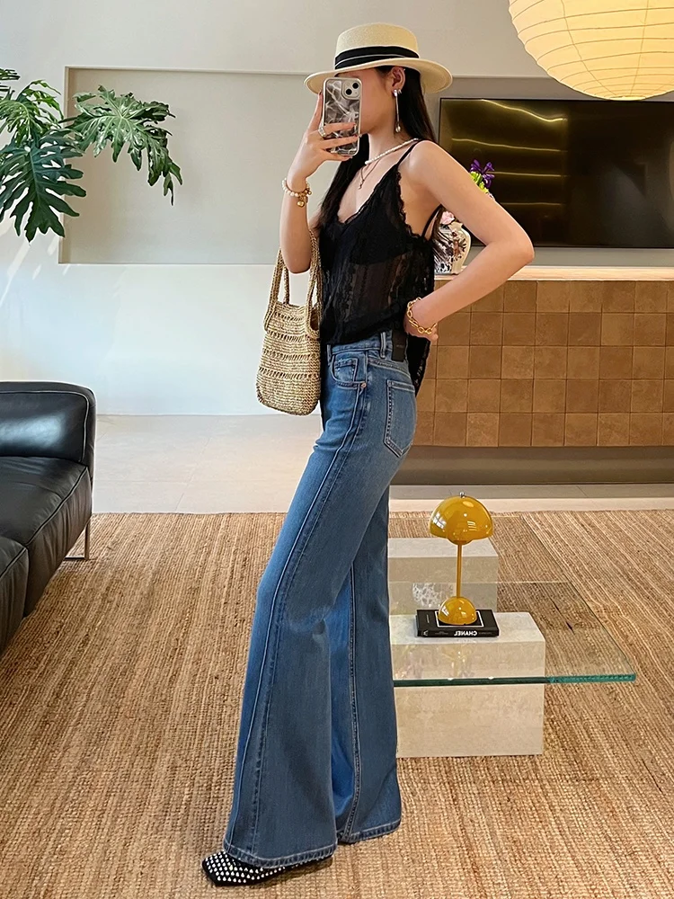 

Slimming High Waist Bell Bottom Jeans Women's Blue Cotton Stretch Denim Retro Washed Floor Length Pockets Zipper Closure