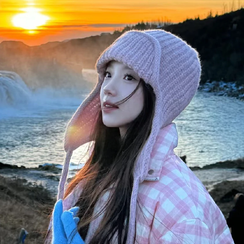 여성을 위한 얼굴을 돋보이게 하는 핑크 트래퍼 모자 - 귀덮개가 있는 일본풍 귀여운 니트 비니, 겨울용 따뜻한 작은 얼굴 모자