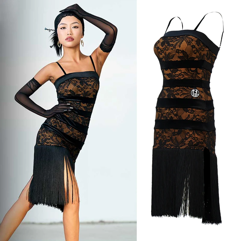 

Женское кружевное платье с бахромой, черное платье для латиноамериканских танцев, одежда для взрослых для самбы, румбы, сальсы, латиноамериканских танцев, SL8375, 2024