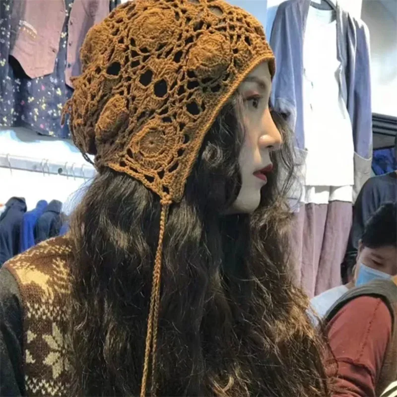 

Handmade Crochet Knitted Sweet Hat for Women in Spring and Autumn Fashion Versatile Long Rope Reduced Age Women's Headband Hat