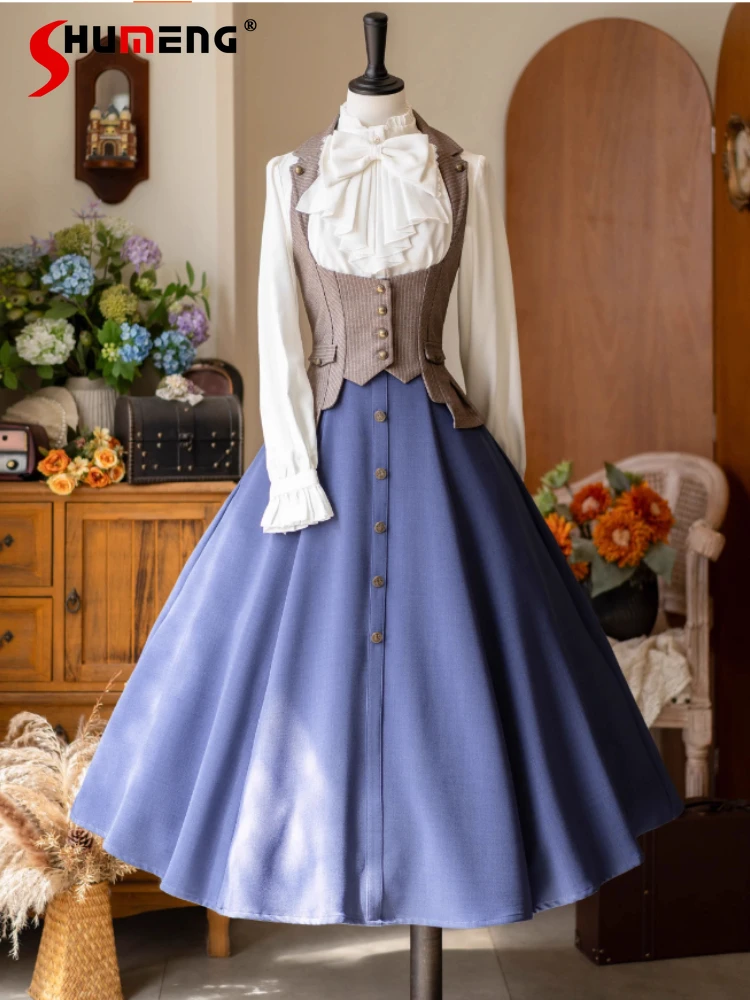 

Original Woman's Vintage Elegant Lolita Long Skirt Set 2025 New British Style Lolita Long Sleeve Shirt Fishbone Skirt Vest Set